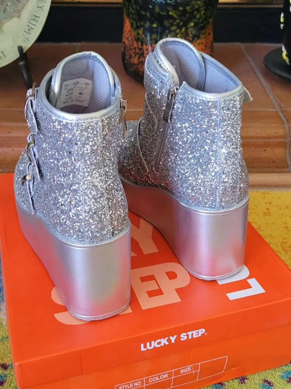 Lucky Step Hippie Platform Glitter Sneakers with Buckles,Hearts, Side Zip